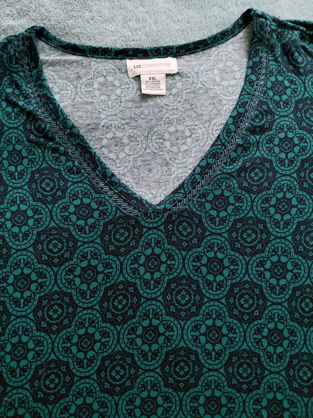 Liz Claiborne Green Teal & Navy Medallion V-Neck Tunic Size XXL - Picture 4 of 6